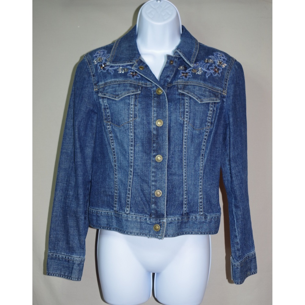 Liz Claiborne Petite Small Denim Jacket Blue Floral Embroidered Sequin Trucker